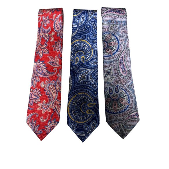 Paul Fredrick Italian Silk Paisley Ties Set Of 3 Red Blue Gray Classic Design - Picture 1 of 7